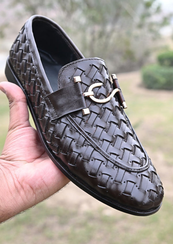 K110 S Buckle Brown Knitted Leather Loafer